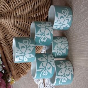 Ceramic White Floral on Teal Napkin Rings Set of 6